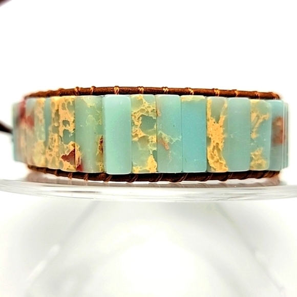 Adjustable Agalmatolite Natural Gemstone Boho Ethnic Genuine Leather Bracelet - Picture 3 of 8